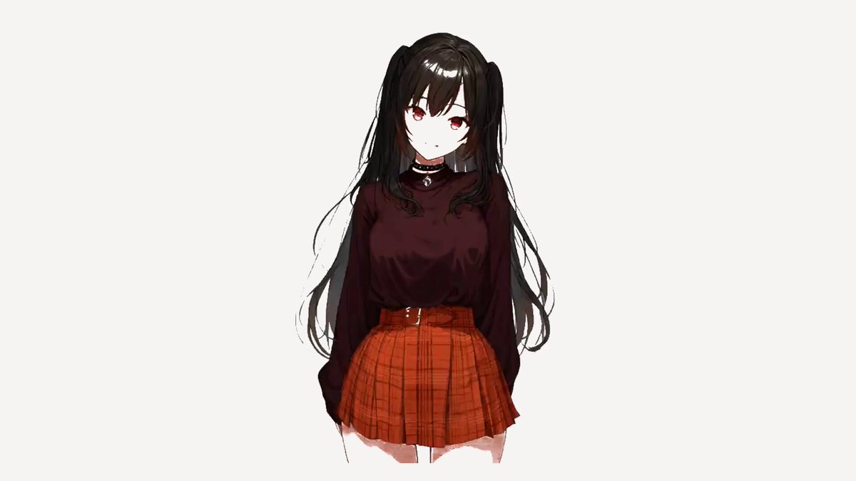The image features a woman with long brown hair wearing an orange skirt, black top, and red lipstick. She has her arms crossed over her chest and is looking directly at the camera. The background of the image is white, which contrasts with the colorful outfit she's wearing. There are no texts or other objects in the image, making it a simple yet striking composition that highlights the woman as the main subject.