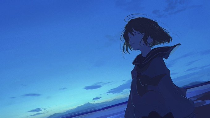 An anime-style illustration of a girl with short dark hair and a sailor-style uniform standing against a deep blue twilight sky.