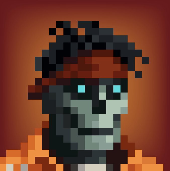 Pixel art portrait of a character with dark hair and glowing blue eyes against a dark orange background.