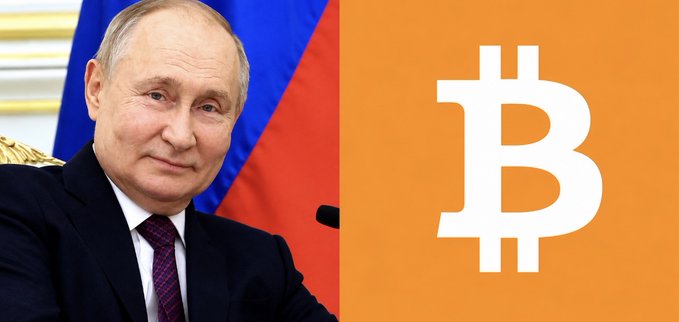 Vladimir Putin appears beside the Bitcoin logo, underscoring Russia’s recent move to permit BTC, ETH and USDT trading on its exchanges.