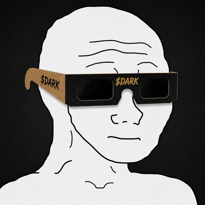 An illustration of a white humanoid face wearing cardboard solar eclipse glasses labeled with '$DARK' in gold lettering on both sides.