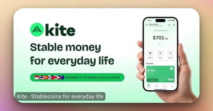 A promotional advertisement for 'kite' shows the tagline 'Stable money for everyday life' alongside a smartphone displaying a balance of $702.00 and a Visa card feature.
