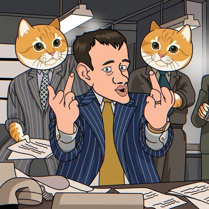 An illustrated scene of a man in a pinstriped suit with both middle fingers raised, flanked by two figures with cat heads in suits in an office setting.