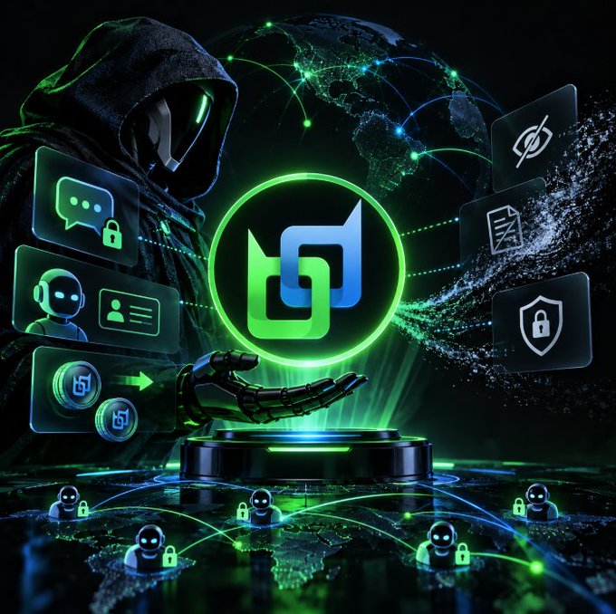 A digital artwork depicting a hooded hacker holding a glowing green logo, surrounded by privacy and security icons like hidden eyes, locks, and shield symbols.