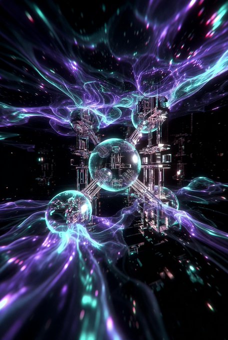 An abstract digital artwork depicting a futuristic, symmetrical structure with glowing cyan and magenta energy tendrils swirling around transparent spheres and metallic geometric components against a dark background.