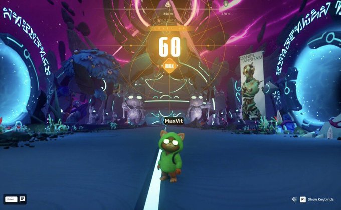A green cartoon character named "MaxVit" stands triumphantly in a vibrant, alien-like arena with a prominent "60" displayed in the center, representing the user's achievement of reaching the maximum level in OthersideMeta, with banners for "DANIEL BARSAM" visible in the background.