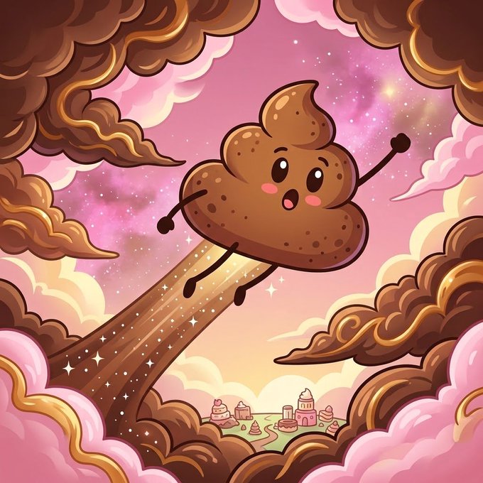 A cartoon illustration of an anthropomorphic pile of poop flying through a pink starry sky on a sparkling brown trail, surrounded by fluffy clouds and a small candy-themed landscape below.
