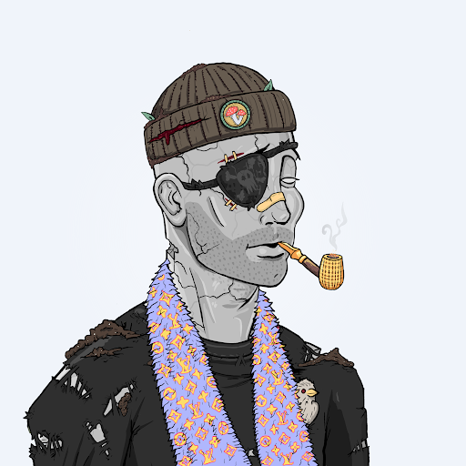 An illustrated portrait of a zombie pirate character with a stitched face, eye patch, beard, smoking pipe, and wearing a beanied hat with a Hawaiian lei.