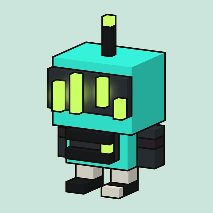 A voxel-style 3D robot character with a cyan blocky body, black accents, and glowing yellow-green panels stands against a pale green background.