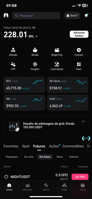 A Bitget crypto app home screen in Portuguese showing total assets of 228.01 BRL, BTC at $65,715.00, and other market data.