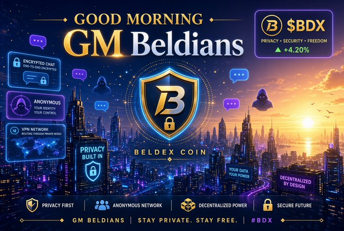 A promotional graphic for 'BELDEX COIN' ($BDX) greets 'GM Beldians' and highlights 'PRIVACY FIRST', showing a +4.20% change.