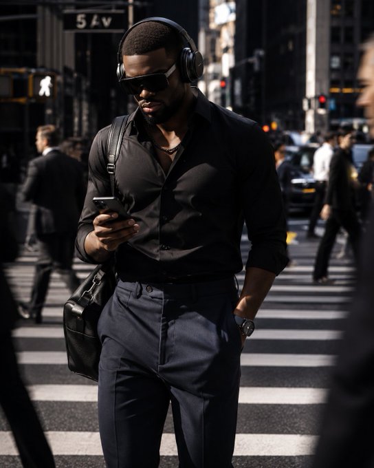 A man in a black shirt and dark trousers stands on a city street, wearing headphones and sunglasses while looking at his phone.