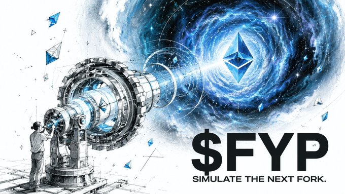 A promotional graphic featuring an Ethereum crystal in a cosmic vortex aimed by a telescope-like device, with text '$FYP — SIMULATE THE NEXT FORK.'