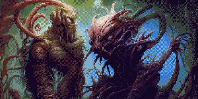 A pixelated, dark fantasy illustration depicting two grotesque, monstrous figures—one humanoid with twisting appendages and another with an insect-like, tentacled head—facing each other against a green and blue background.