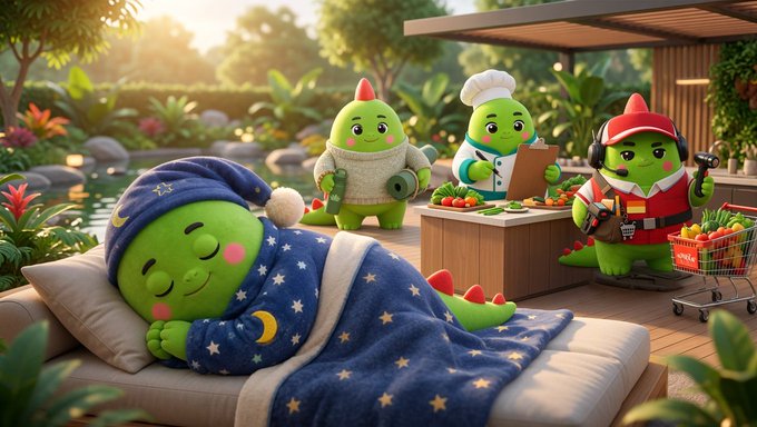 The image features a cartoon green dinosaur wearing a blue cap, lying down with its eyes closed while sleeping. The scene also includes other cartoon green dinosaurs engaged in various activities such as cooking or shopping. The overall atmosphere of the image suggests that the characters are enjoying their time together and taking a break from their daily tasks.