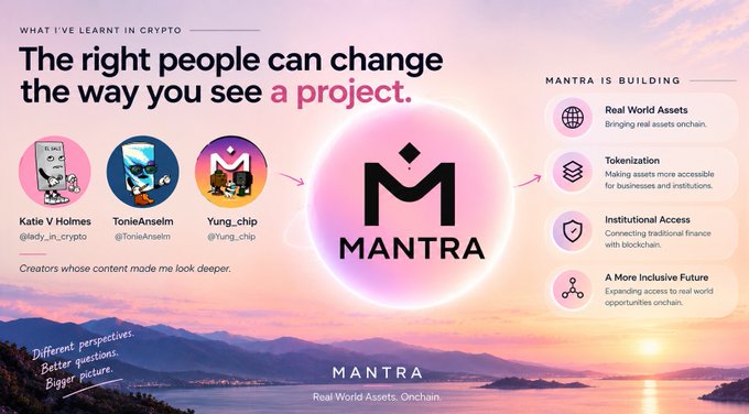 An infographic for the crypto project 'MANTRA' titled 'The right people can change the way you see a project,' listing Twitter handles like @lady_in_crypto, @TonieAnselm, and @Yung_chip.