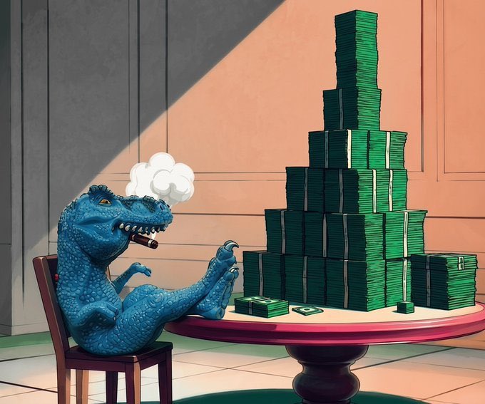 An illustrated blue T-Rex sits in a chair smoking a cigar, leaning back with its feet up next to a tall stack of banded cash on a table.