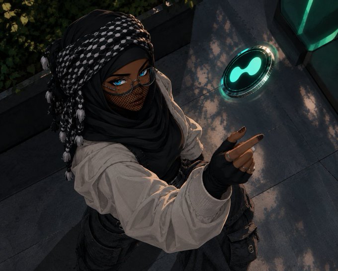 A character wearing a hijab and face covering reaching toward a glowing circular tech object on a stone surface.