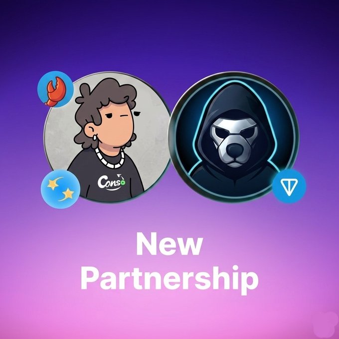 The image features two cartoon characters with different styles of clothing - one wearing a black hoodie and the other wearing a red shirt, both standing against a purple background. The text "New Partnership" is written below them, indicating that they are joining forces in a new partnership.