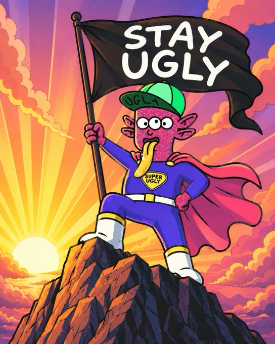 A vibrant cartoon illustration of a pink strawberry-like character in a purple superhero costume with a cape, standing triumphantly on a mountain peak holding a flag that reads 'STAY UGLY' against a dramatic sunset sky.