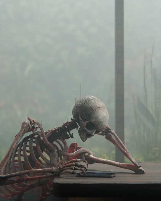 A skeletal figure with a skull head rests its arms on a wooden surface in a misty, atmospheric setting.
