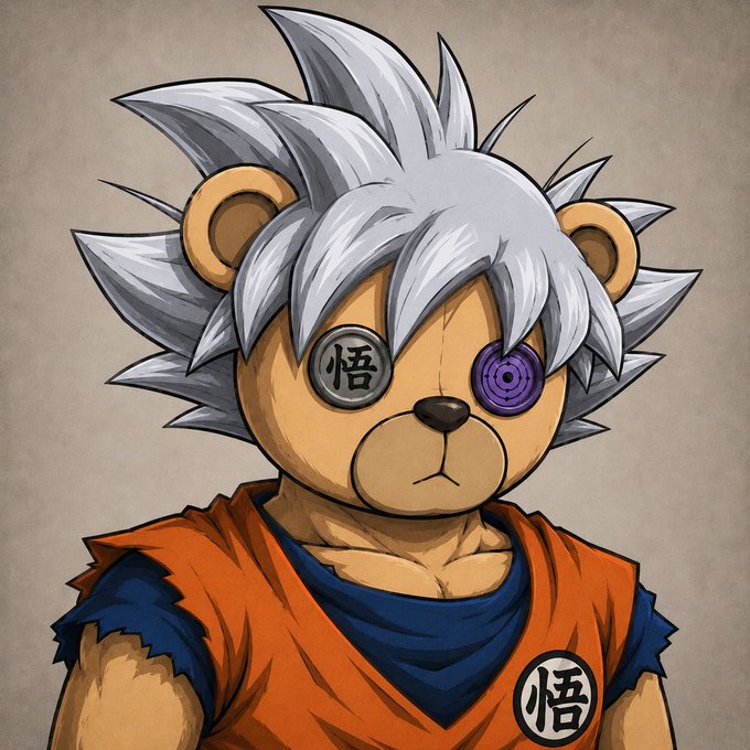 A stylized cartoon illustration of an anthropomorphic teddy bear character with spiky silver hair, one purple mechanical eye, and anime-inspired features wearing an orange and blue martial arts uniform.