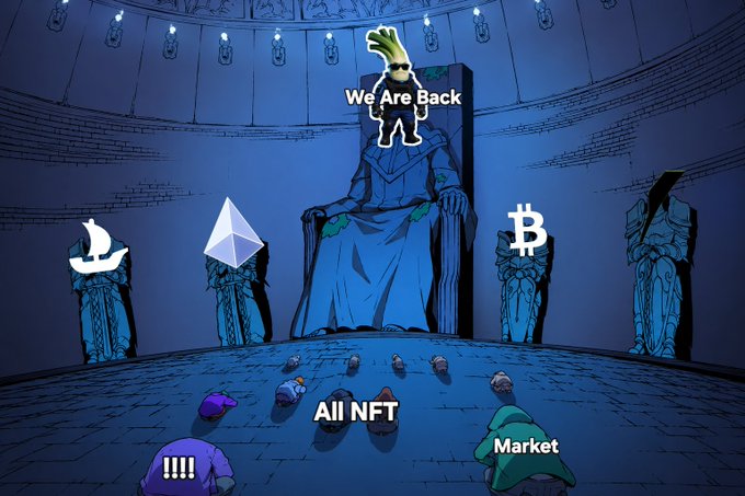 A dark throne room depicts a crowned leek character ("We Are Back") seated on a throne flanked by Ethereum, Bitcoin, and other crypto symbols, while kneeling hooded figures bow before a pile labeled "All NFT" and "Market," symbolizing the dominance and return of an NFT project that the post teases with a big EVM drop announcement.