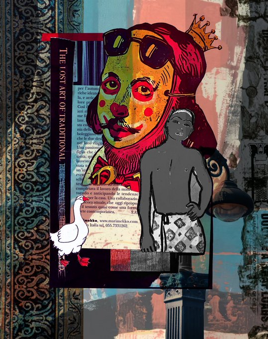 The image features a colorful illustration of a man wearing a crown, surrounded by various other figures including a goose with outstretched wings, a chicken, and another man. The background includes a painting-like composition and text that reads "Gm art lovers" and "King of Nothing", as well as the quote from Shakespeare's Macbeth: "Life' s but a walking shadow, a poor player that struts and frets his hour upon the stage and then is heard no more." The man in the crown appears to be dressed in an apron or uniform, adding to the overall theme of the post.