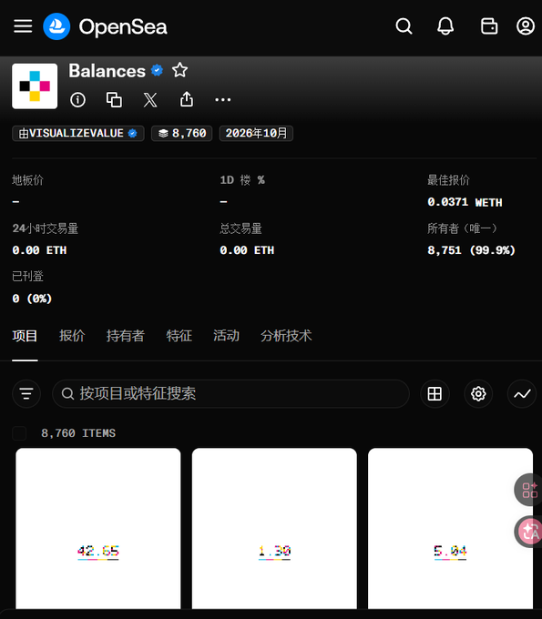 An OpenSea NFT collection page for 'Balances' showing 8,760 items, a floor price of 0.0371 WETH, and 8,751 unique owners (99.9%), with thumbnails showing values like 42.65, 1.30, and 5.04.