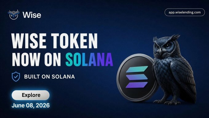 The image features a poster for Wise token, which is being promoted by an app called "app.wiselending.com". The poster includes a picture of an owl with its wings spread wide, symbolizing wisdom or knowledge. Below the owl, there's text that reads "WISE TOKEN NOW ON SOLANA Built on Solana", indicating that the token is available for purchase and can be used to invest in the cryptocurrency market.
