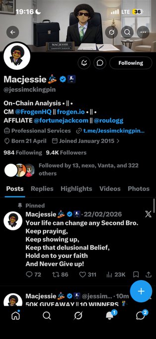 A Twitter/X profile for Macjessie (@jessimckingpin) described as an 'On-Chain Analysis' professional, with affiliate tags for @FrogenHQ, frogen.io, @roulgg, and a pinned post about perseverance with motivational verses.