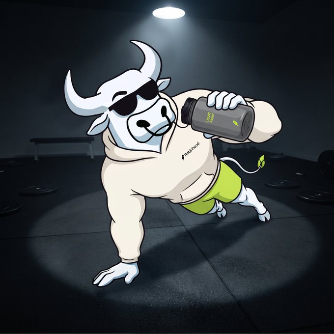 A muscular cartoon bull wearing sunglasses, a hoodie branded "test2rvood," and neon green shorts is shown in a dramatic plank position, drinking a shaker cup labeled "Whey" in a dimly lit gym spotlight. The image visually reinforces the post's message of relentless dedication — even when markets go flat, the "Bull" stays disciplined and keeps grinding.