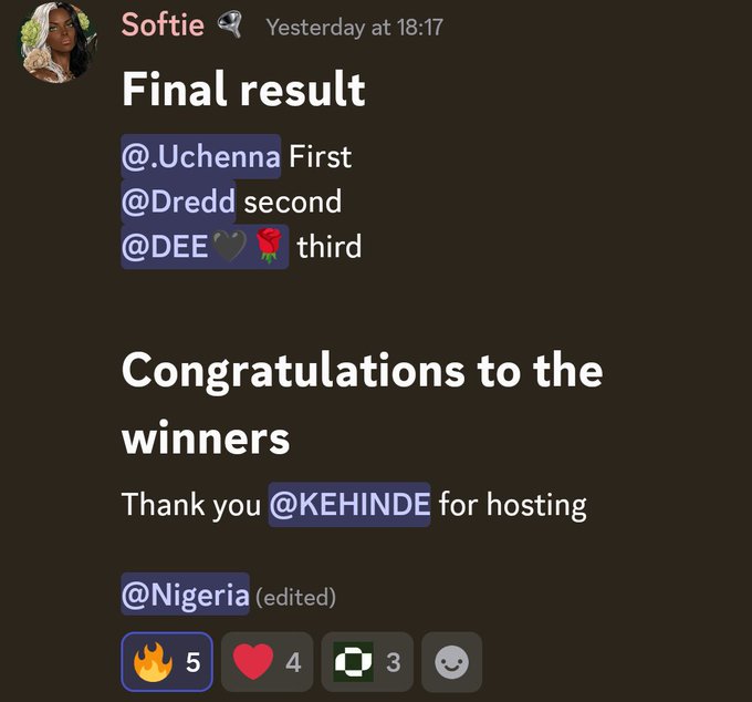 A Discord message from "Softie" announces contest results with ".Uchenna" in first place, "@Dredd" second, and "@DEE" third, while thanking "@KEHINDE" for hosting in the @Nigeria channel. The post highlights the author's second-place finish in the Utexo regional event, celebrating their contribution to the bitcoin-focused ecosystem.