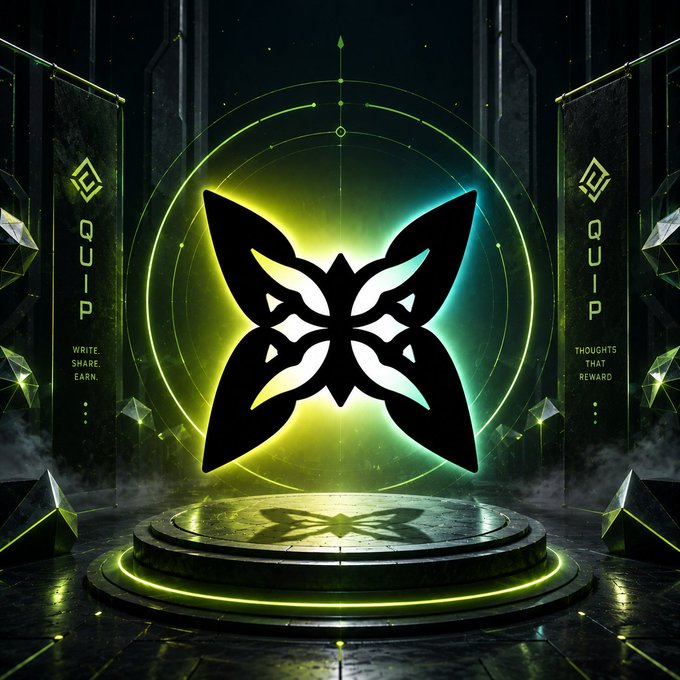 The image shows a futuristic, neon-lit stage featuring the "QUIP" logo—a butterfly-shaped emblem glowing in green and blue—with the text "QUIP" and the taglines "WRITE. SHARE. EARN." on the left and "THOUGHTS THAT REWARD" on the right, set against a dark, sci-fi backdrop with geometric crystals. The image visually reinforces the post by showcasing the Quip Network's branding, aligning with its focus on a decentralized compute marketplace and content-rewarding infrastructure built to endure long-term.