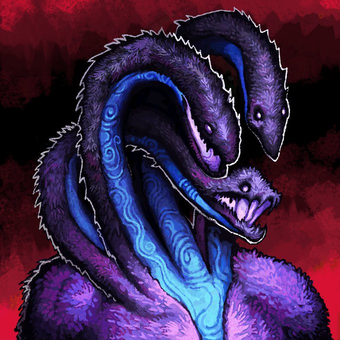 A fearsome three-headed serpent beast rendered in dark purple and black, with glowing blue tendrils winding between its snarling heads, set against a deep red background—matching the menacing "Severance" NFT creature being teased in the post.