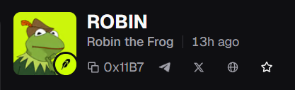 A digital profile card featuring a cartoon frog mascot, the name 'ROBIN the Frog,' posted 13 hours ago, with the address '0x11B7' and sharing icons.