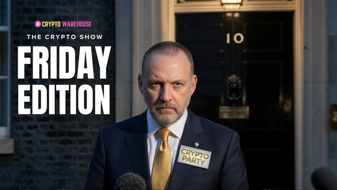 A thumbnail for "Crypto Warehouse - The Crypto Show, Friday Edition" featuring a man in a suit with a gold tie wearing a "CRYPTO PARTY" badge, standing in front of a door marked with the number 10.