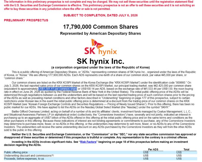 The image shows the cover page of a preliminary prospectus for SK hynix Inc. (ticker: SKHY) for a public offering of 17,790,000 American Depositary Shares (ADSs), subject to completion on July 6, 2026, with underwriters including Baillie Gifford Overseas Limited, Coatue Management L.L.C., and Situational Awareness Partners LP—directly confirming the post's claim that Coatue and Situational Awareness are anchoring the SK hynix offering.