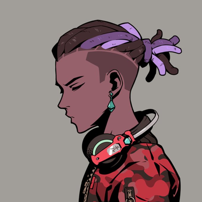 A digital illustration depicts a side-profile portrait of a character with dreadlocks tied with purple bands, wearing a red camouflage jacket, a teal diamond earring, and headphones around their neck with "IKZ" displayed on the earcup. The "IKZ" branding on the headphones directly ties to the post's closing statement, which appears to be celebrating the sale of Azuki NFT #6465 for 1.05 ETH on OpenSea.