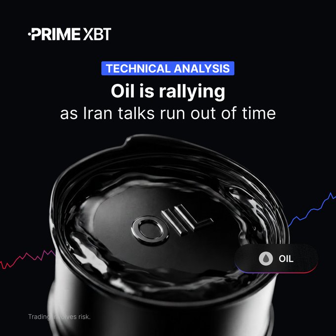 A promotional graphic from "PRIME XBT" displaying an open can of oil with "OIL" stamped on the surface, overlaid with text "TECHNICAL ANALYSIS: Oil is rallying as Iran talks run out of time" and a small trading chart element.
