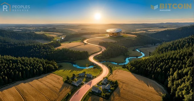 An aerial sunset view shows a winding road leading from a small village toward a modern domed building, with "Peoples Reserve" and "Bitcoin Magazine" logos in the corners, visually evoking the post's theme of using Bitcoin as collateral to build a home, family, and lasting legacy rather than spending it.