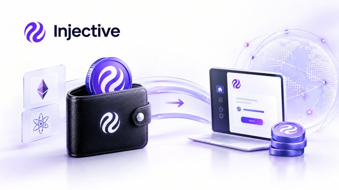 The image showcases the Injective branding with its logo, featuring a black wallet holding INJ tokens alongside a laptop displaying the Injective interface, with an arrow indicating the bridging flow from Ethereum (ETH) to an Injective wallet. This visually reinforces the post's message about moving INJ tokens from centralized exchanges (CEX) or Ethereum into a native Injective wallet for proper access to the ecosystem.