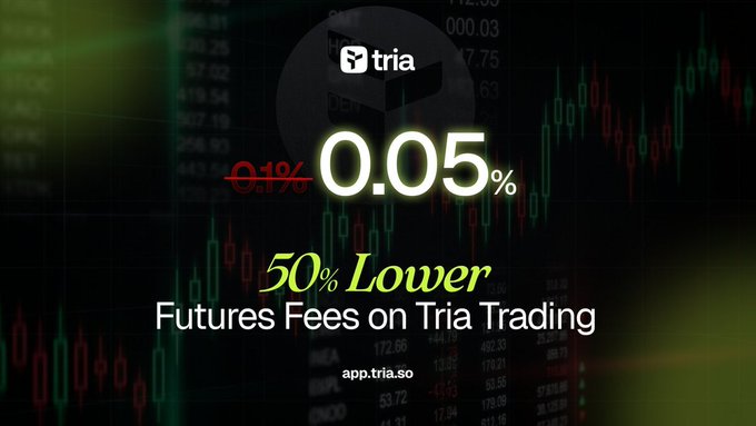 xtra logo and green text reading "50% lower Futures fees on Tria Trading" against a black background with red and green lines representing stock prices.