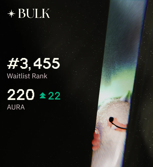 A mobile app screenshot displaying 'BULK' at the top, a '#3,455 Waitlist Rank', and '220 AURA' alongside a partial image of a fluffy character peeking from behind a dark curtain.
