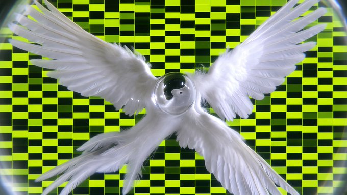 Digital art featuring a white bird with four outstretched wings and a transparent sphere for a head, set against a background of a green and black checkerboard pattern.