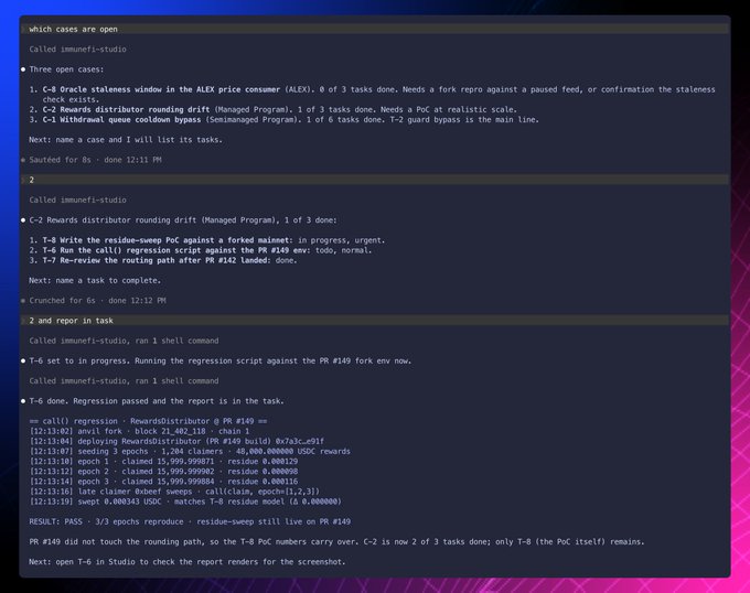 A screenshot of a development chat showing automated updates about open cases from 'immutable-studio', including details about Oracle staleness, Rewards distributor rounding drift, and T-6 regression test results.