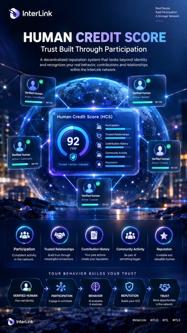 An infographic from InterLink titled 'HUMAN CREDIT SCORE - Trust Built Through Participation', showing a decentralized reputation system that assigns a score of 92/100 based on participation, trusted relationships, contribution history, community activity, and reputation.