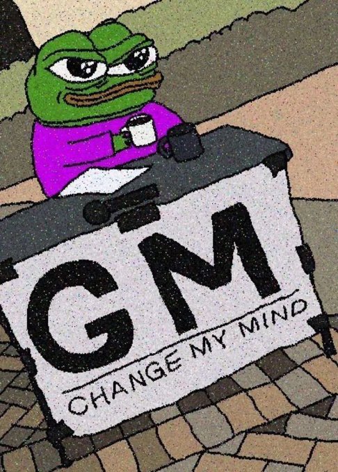 A Pepe the Frog meme holding a coffee cup behind a podium labeled 'CMM CHANGE MY MIND'.
