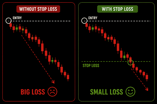 A side-by-side trading chart comparison showing two scenarios: "WITHOUT STOP LOSS" (left, labeled "BIG LOSS" with a sad face) where a downtrend continues unchecked from the "ENTRY" point, versus "WITH STOP LOSS" (right, labeled "SMALL LOSS" with a happy face) where the trade is exited at a "STOP LOSS" line before further losses accumulate. The image visually reinforces the post's message that stop losses are a strategic tool for protecting capital, turning what could be a catastrophic loss into a manageable one.
