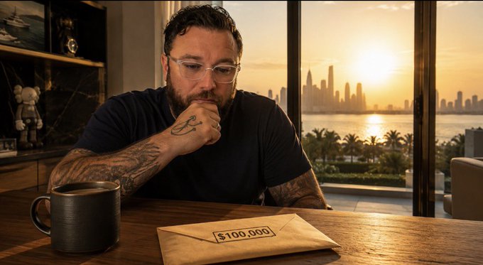 A bearded man with glasses and tattoos sits thoughtfully at a wooden desk, gazing at a brown envelope marked "$100,000" beside a black mug, with a sunset cityscape visible through the window behind him. The image visually reinforces the post's prompt, inviting followers to share what they would honestly do if given $100,000—evoking a contemplative, decision-making moment tied to the question posed.